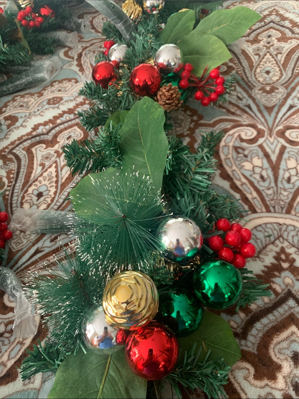 New D,s design Festive Green Holiday Garland with Red, Gold & Silver Ornaments